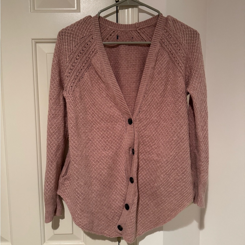 American Eagle Outfitters Mauve Long Woven Knit Cardigan with Black Buttons